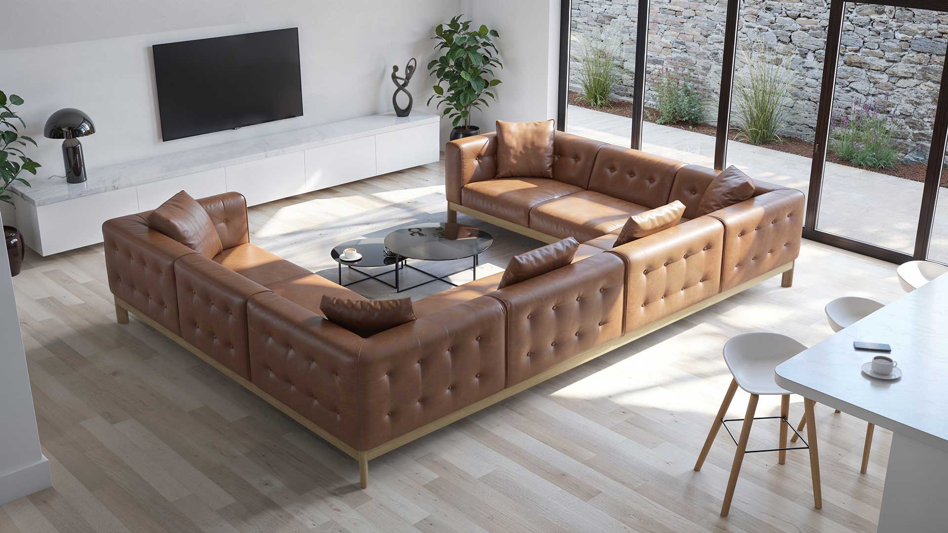 Moor Furniture U shaped custom sofa tan leather