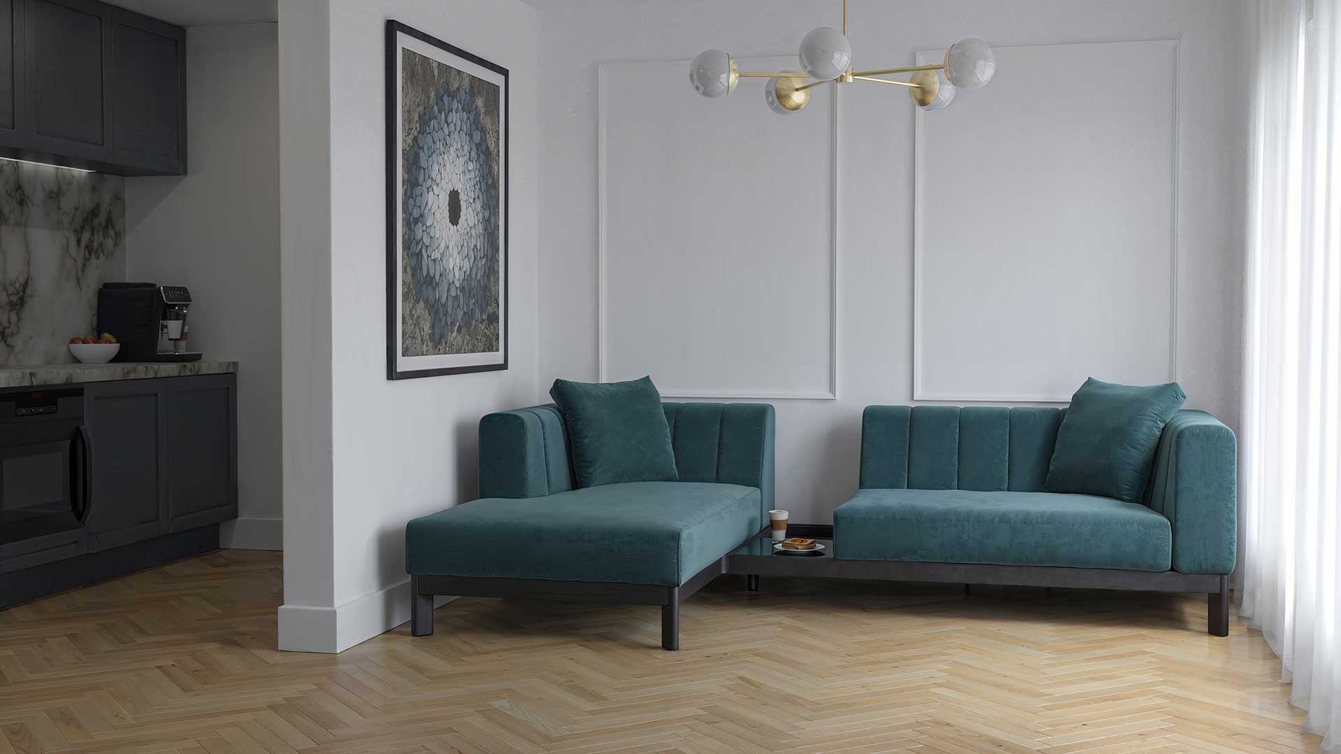 Moor Furniture custom sofa aqua velvet fabric