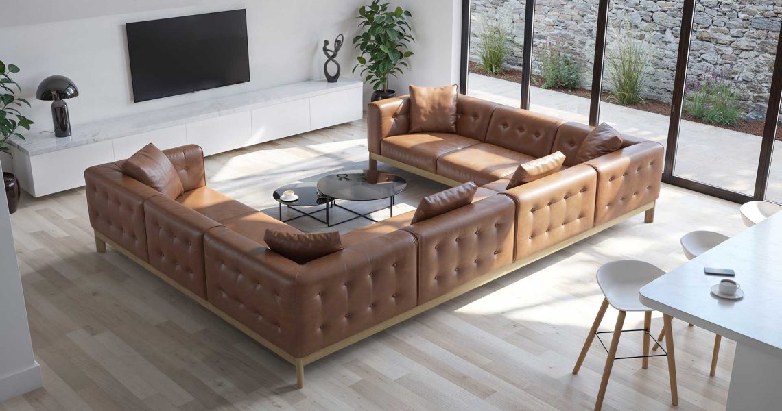 Moor Furniture U shaped custom sofa tan leather