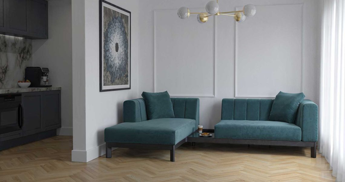 Moor Furniture custom sofa aqua velvet fabric